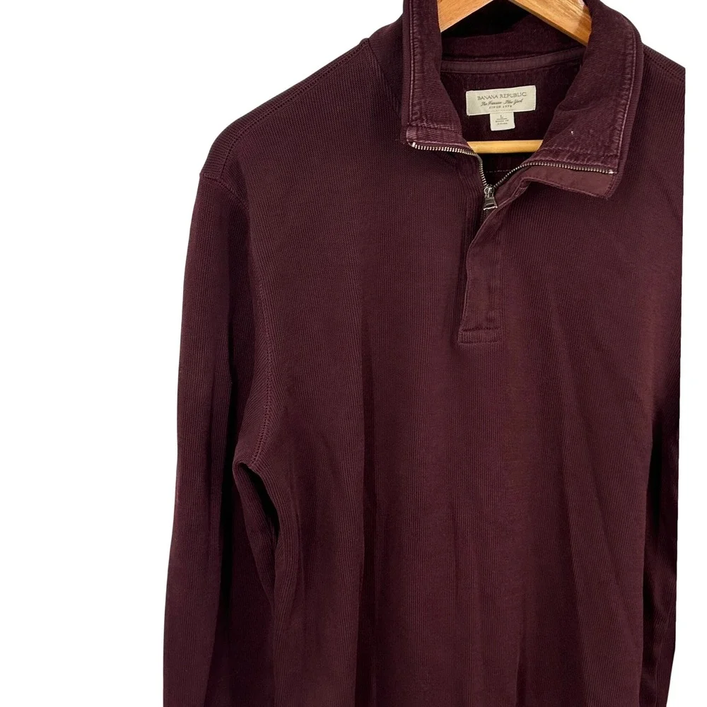 Banana Republic Mens Quarter Zip Pullover Sweater Ribbed Cotton Maroon Large